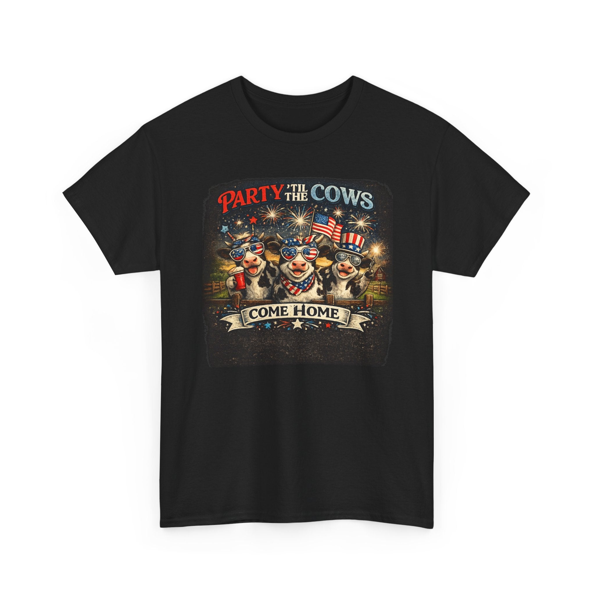 Independence Day 'Party 'Til the Cows Come Home' T-Shirt — Fireworks & Cow Graphic