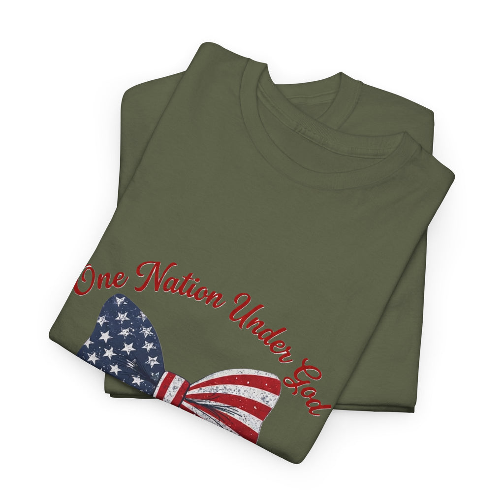 Patriotic Bow Tee — "One Nation Under God" American Flag Cross T-Shirt