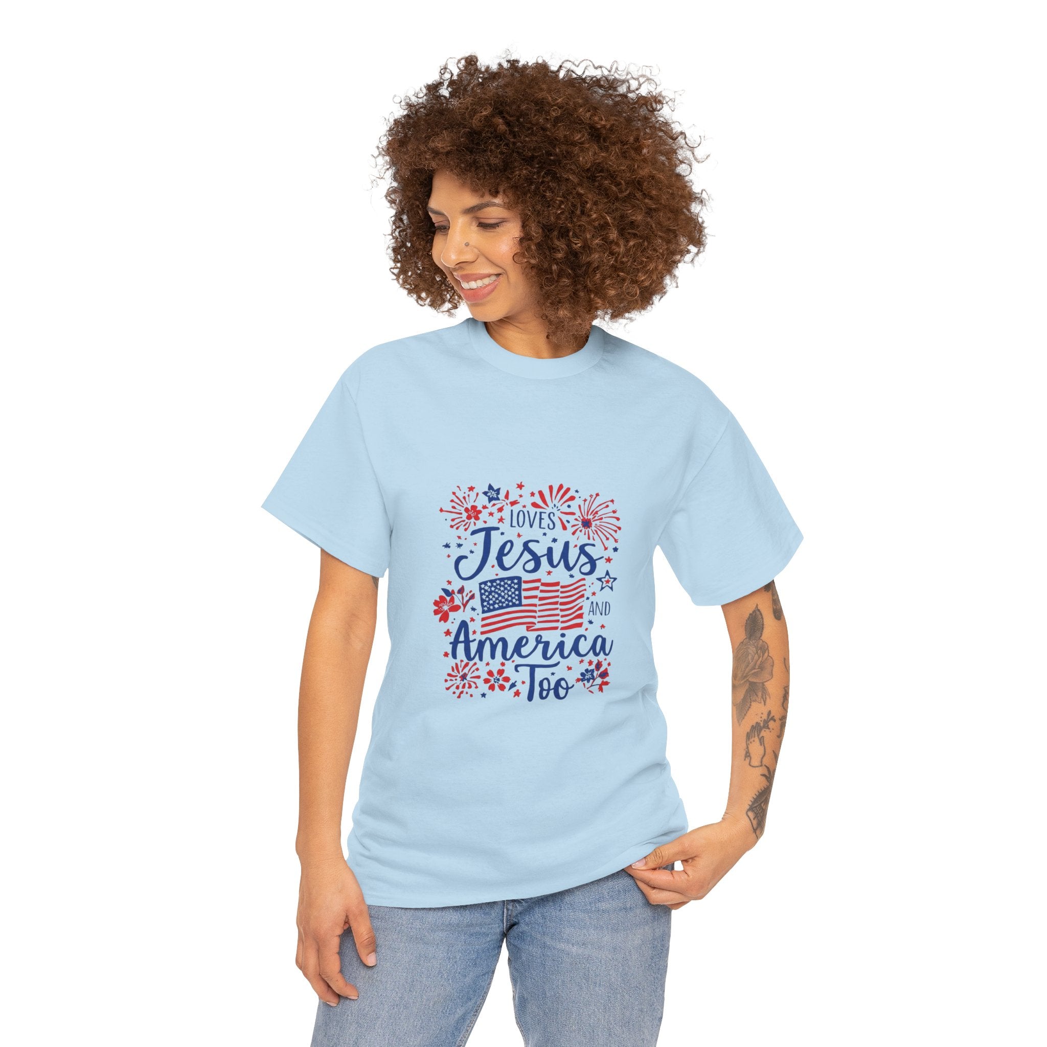 Jesus and America Tee — Patriotic Christian T-Shirt ("Loves Jesus and America Too")