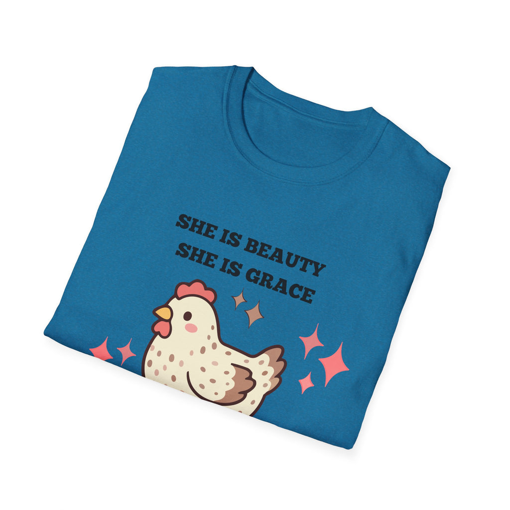 Chicken Tee — "She Is Beauty, She Is Grace, She Will Pech You in the Face" Funny Farm Animal T-Shirt
