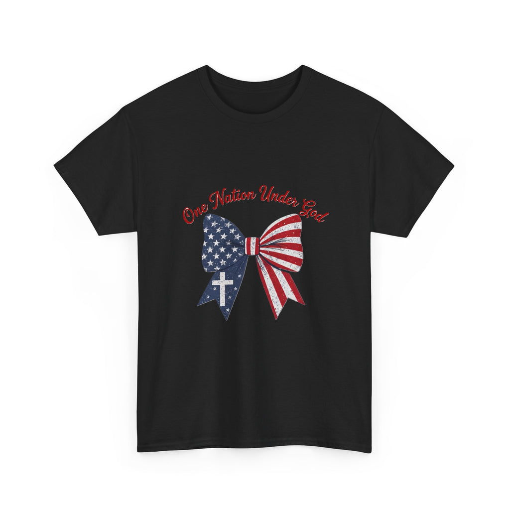 Patriotic Bow Tee — "One Nation Under God" American Flag Cross T-Shirt