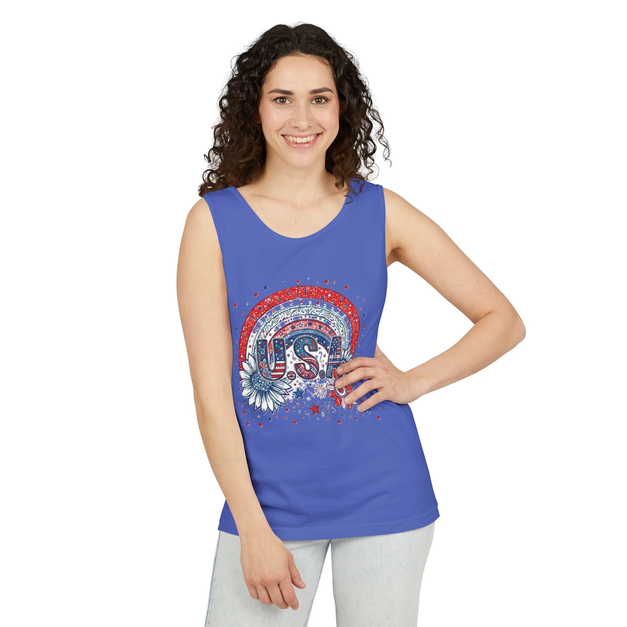 USA Rainbow Floral Tank Top — Patriotic 4th of July Sleeveless Tee