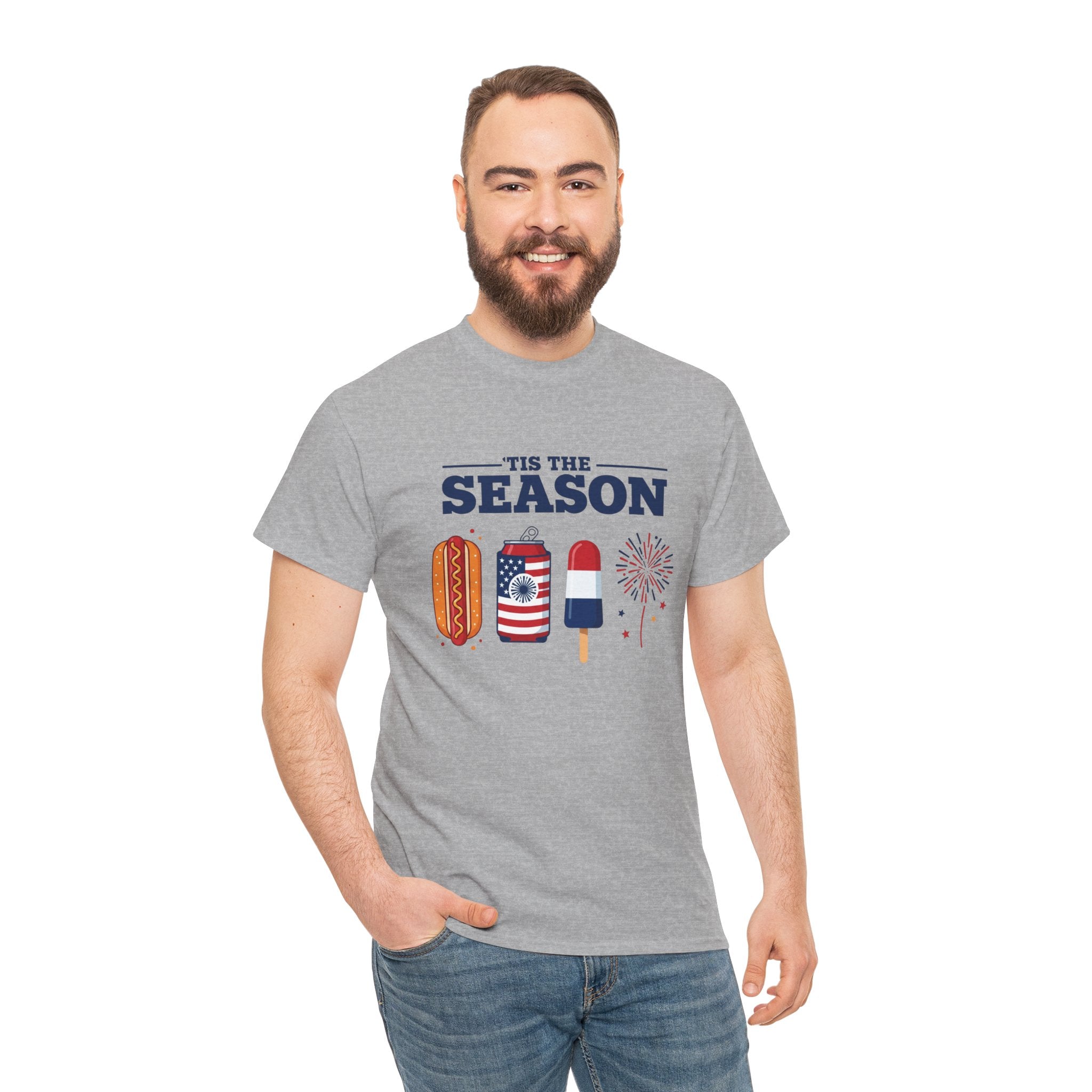 Fourth of July Tee — "'Tis the Season" Patriotic Hot Dog, Popsicle & Fireworks T-Shirt