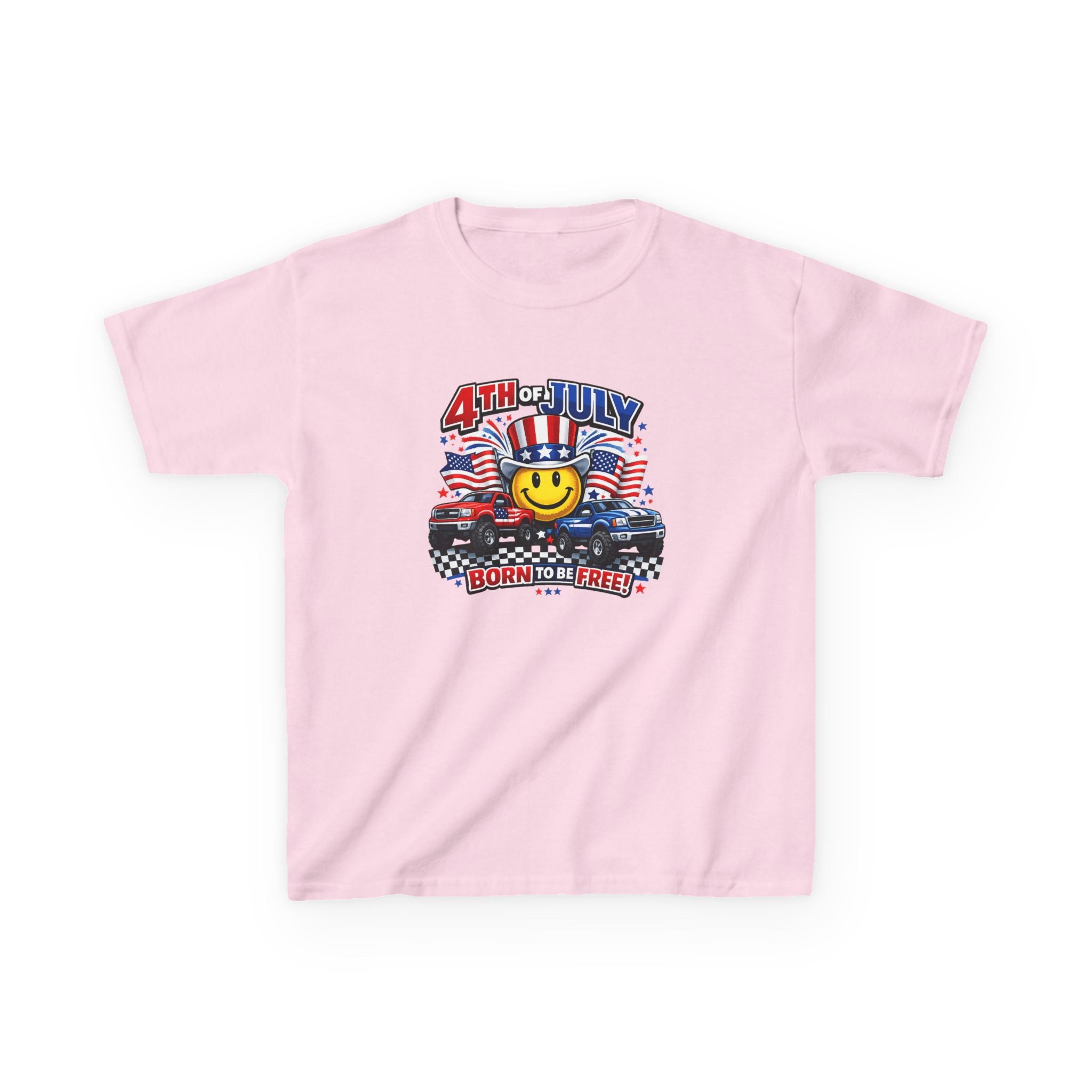 Kids Tee — 4th of July 'Born to Be Free' Smiley Flag Design
