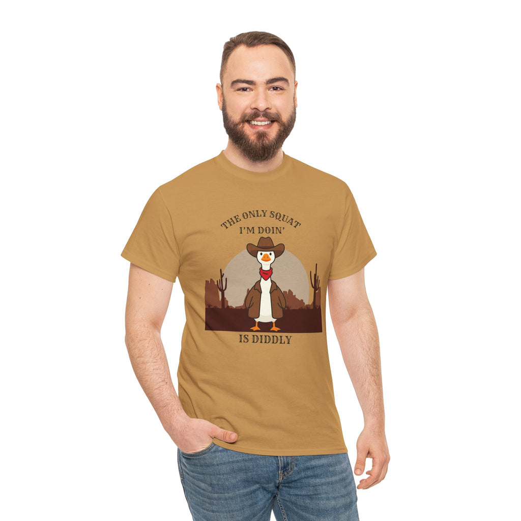 Cowboy Duck Graphic Tee — "The Only Squat I'm Doin' Is Diddly" Cute Western Animal T-Shirt