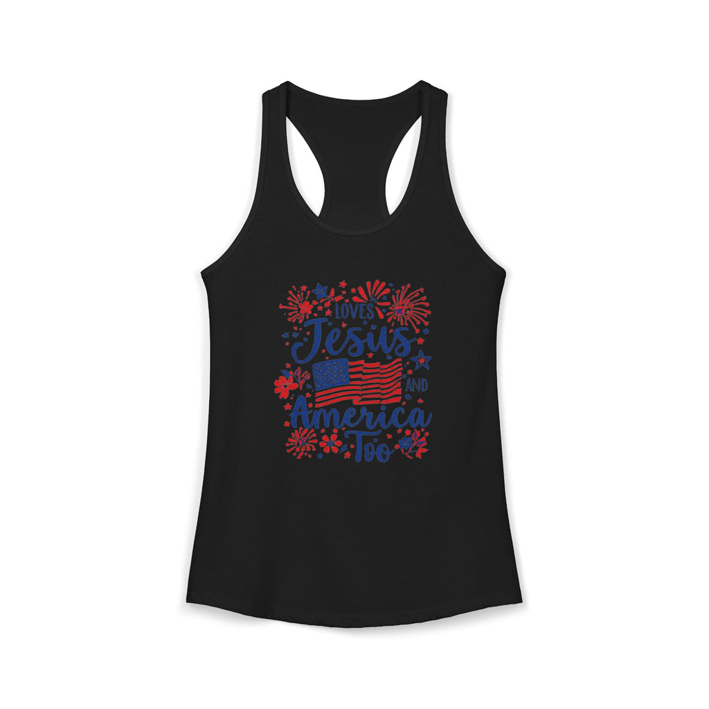 Loves Jesus and America Too Racerback Tank — Patriotic Christian Women's Tank