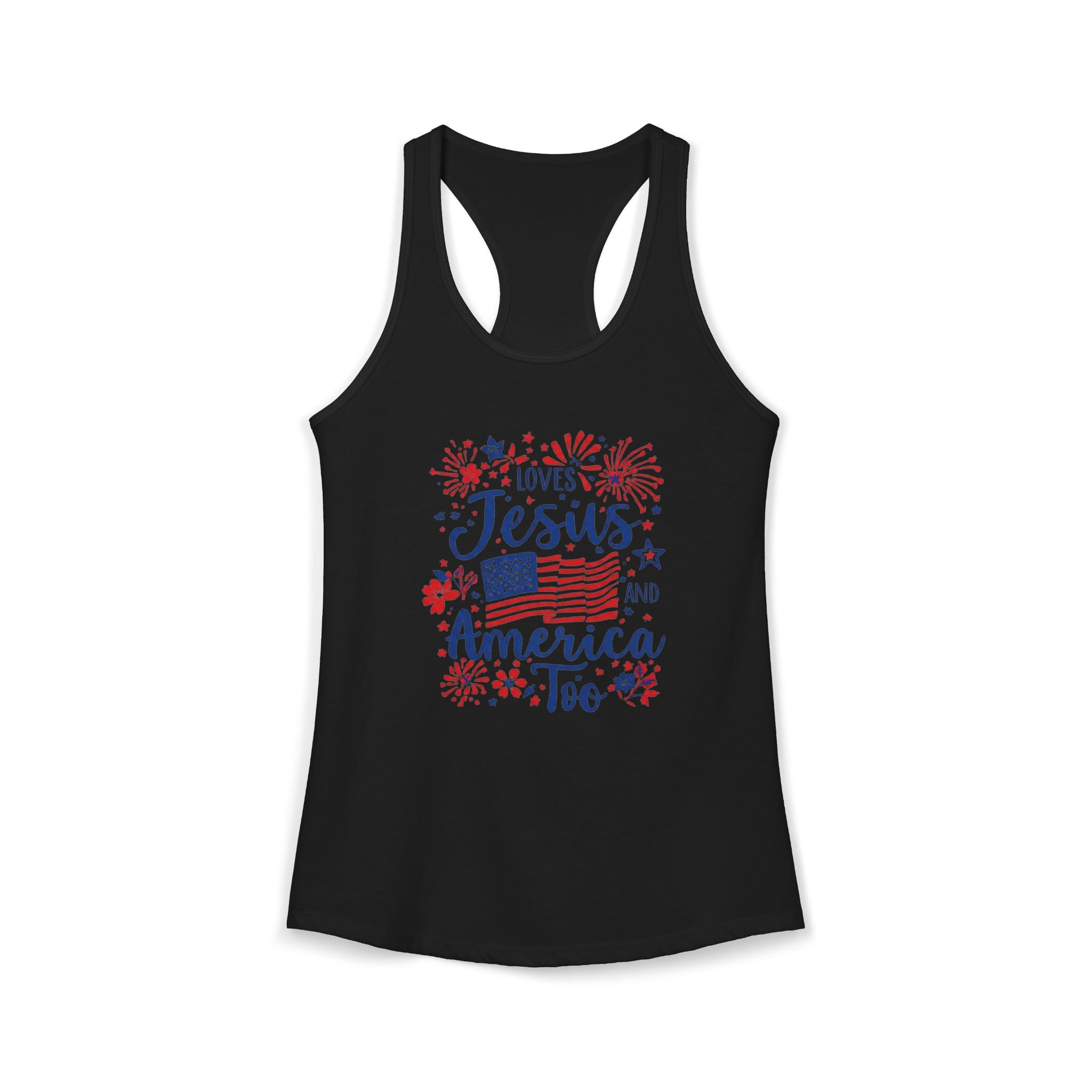 Loves Jesus and America Too Racerback Tank — Patriotic Christian Women's Tank