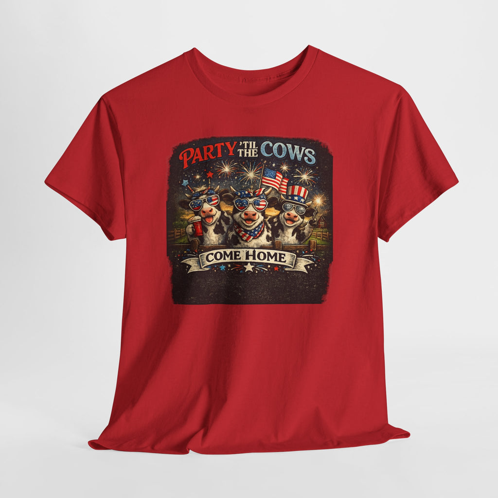 Independence Day 'Party 'Til the Cows Come Home' T-Shirt — Fireworks & Cow Graphic