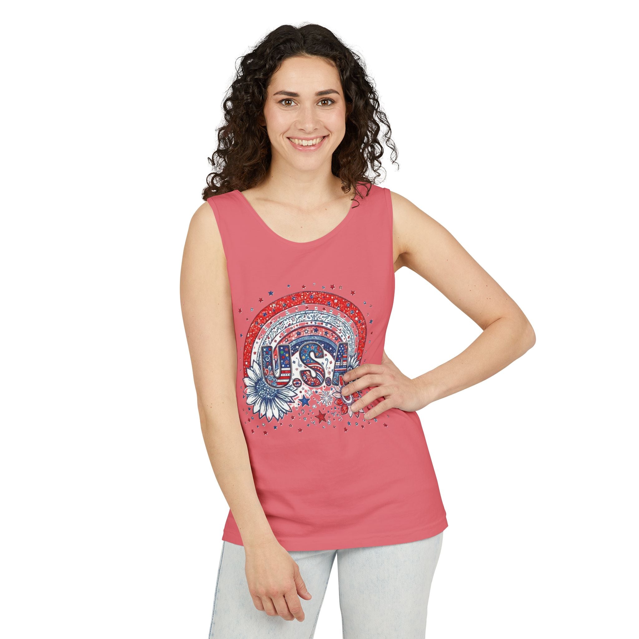 USA Rainbow Floral Tank Top — Patriotic 4th of July Sleeveless Tee