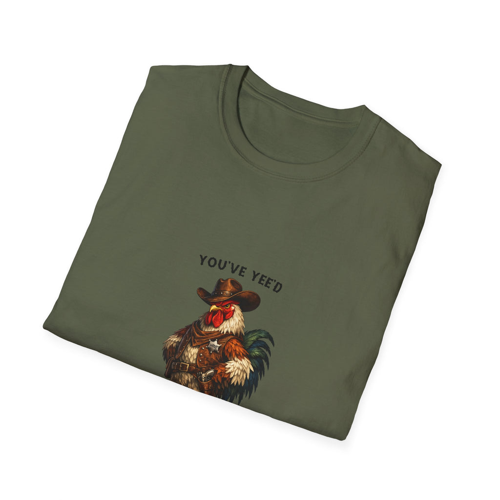 Rooster Joke T-Shirt — “You’ve Feed Your Last Haw” Funny Farm Animal Tee