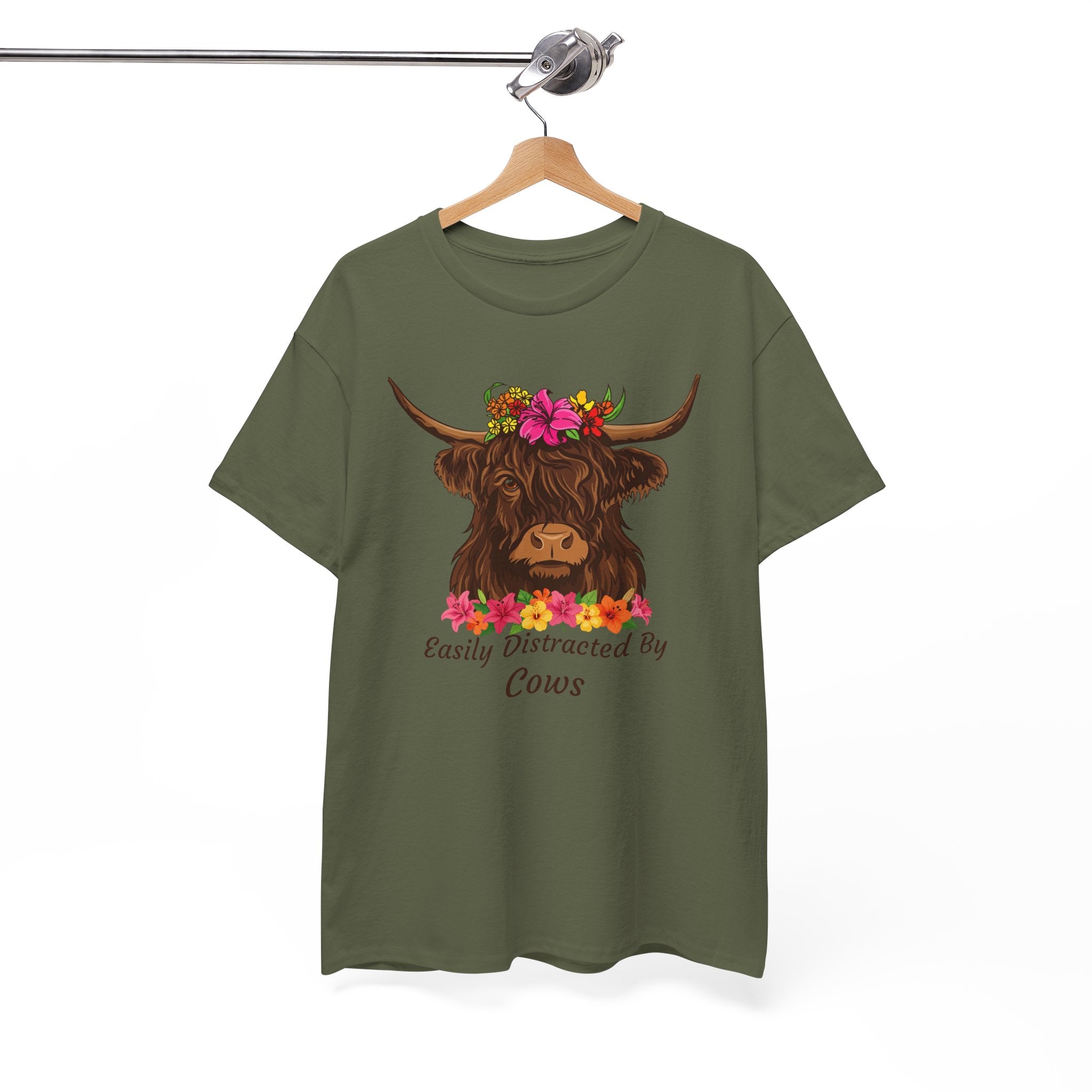 Highland Cow Floral Tee — "Easily Distracted by Cows" Cute Cow Graphic T-Shirt