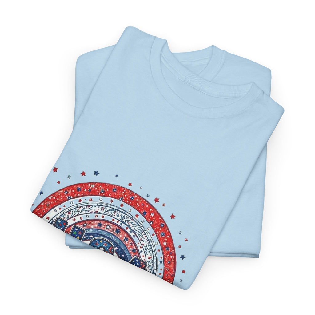 USA Retro Rainbow T-Shirt — Patriotic Fourth of July Tee with Stars & Flowers