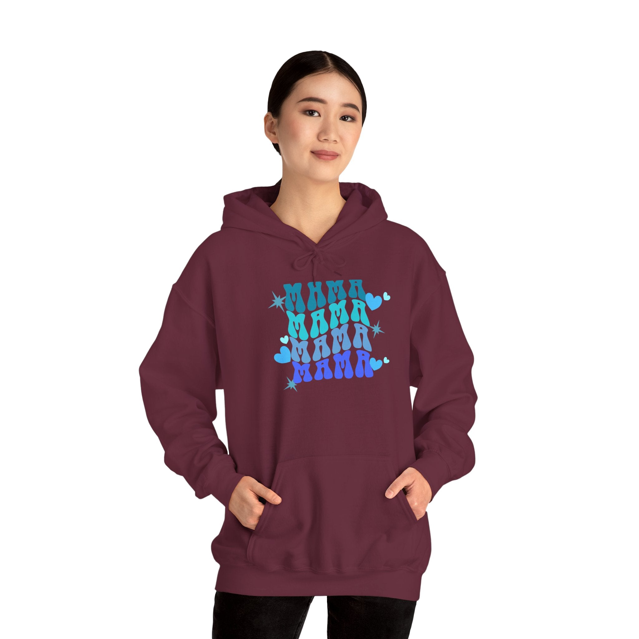 Mama Heart Crewneck Hoodie – Blue Gradient “MAMA” Graphic Sweatshirt