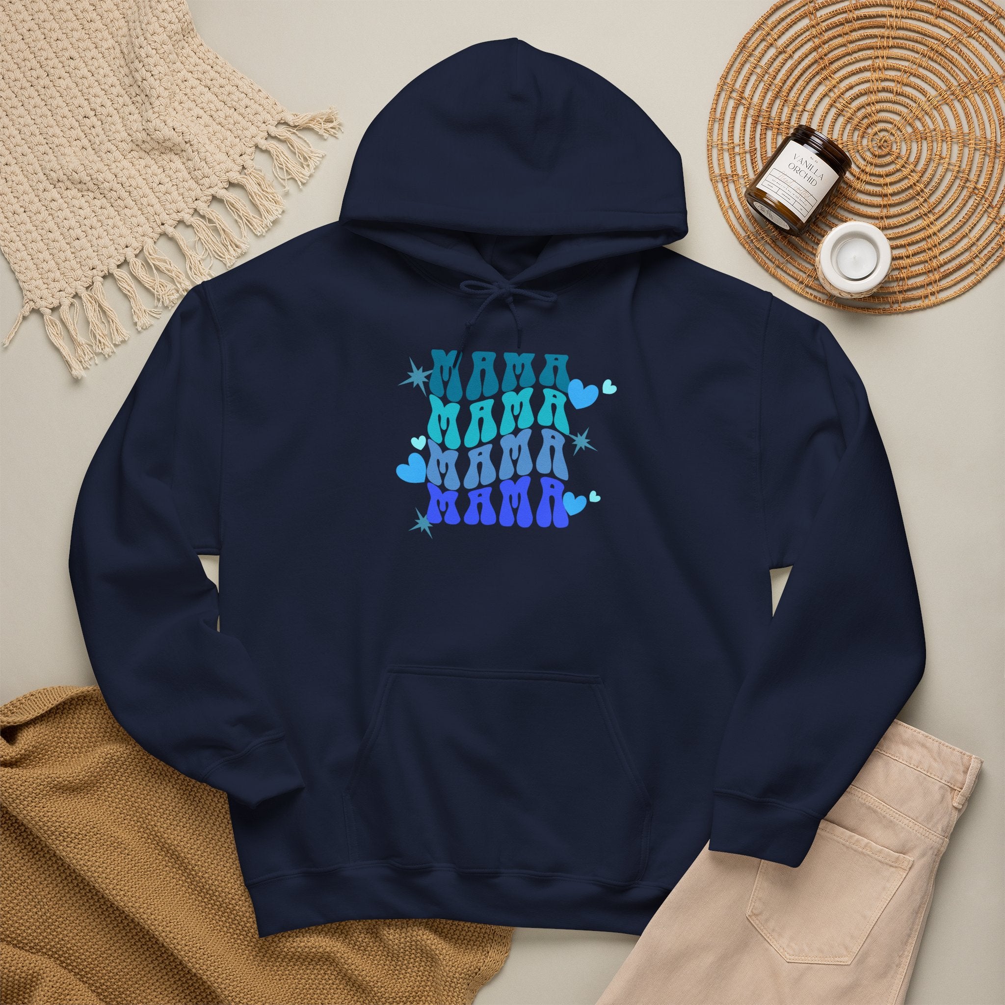 Mama Heart Crewneck Hoodie – Blue Gradient “MAMA” Graphic Sweatshirt