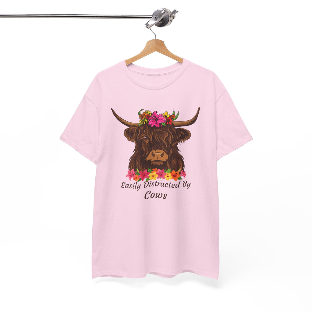 Highland Cow Floral Tee — "Easily Distracted by Cows" Cute Cow Graphic T-Shirt