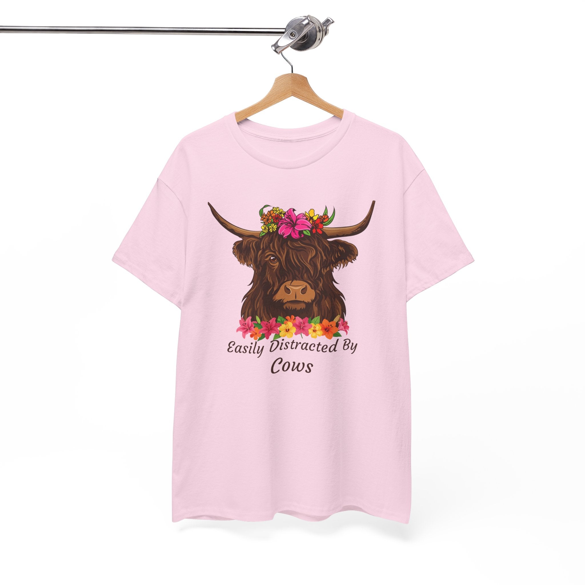 Highland Cow Floral Tee — "Easily Distracted by Cows" Cute Cow Graphic T-Shirt