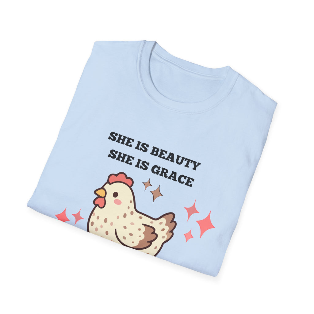 Chicken Tee — "She Is Beauty, She Is Grace, She Will Pech You in the Face" Funny Farm Animal T-Shirt