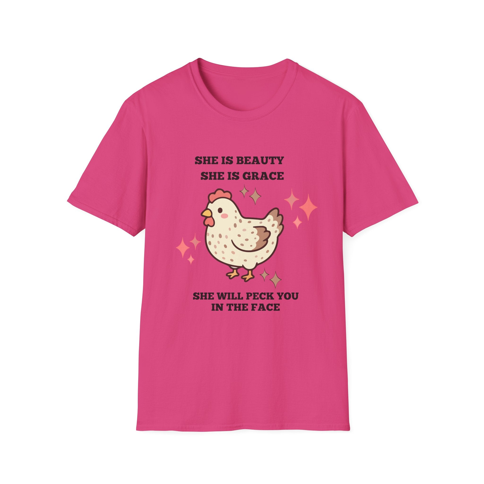Chicken Tee — "She Is Beauty, She Is Grace, She Will Pech You in the Face" Funny Farm Animal T-Shirt