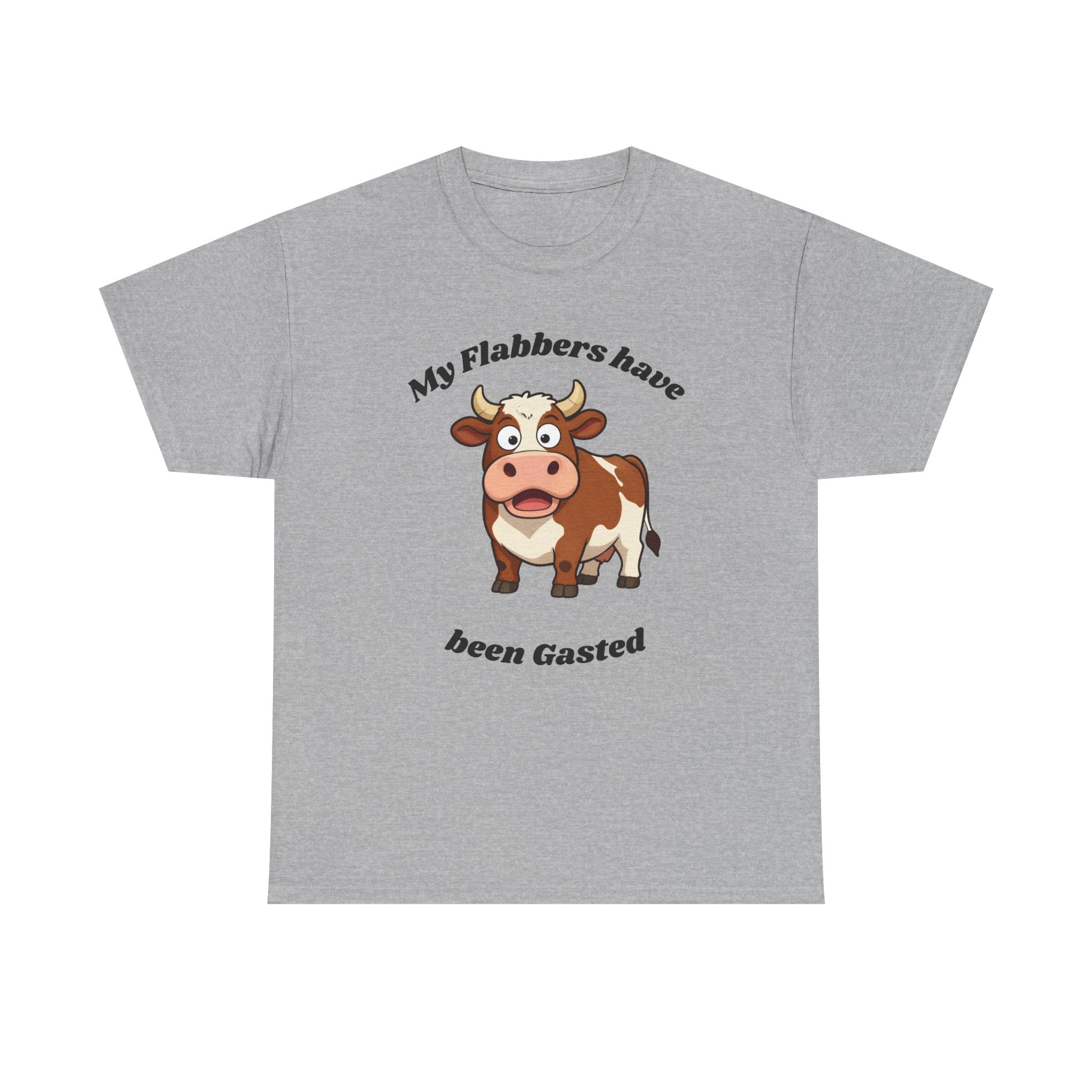 Cow Cartoon Tee — "My Flabbers Have Been Gasted" Funny Farm Animal Shirt