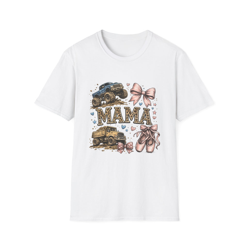 Mama Jeep & Ballet Shoes T-Shirt — 'MAMA' Graphic Tee with Trucks, Bows & Ballet Slippers