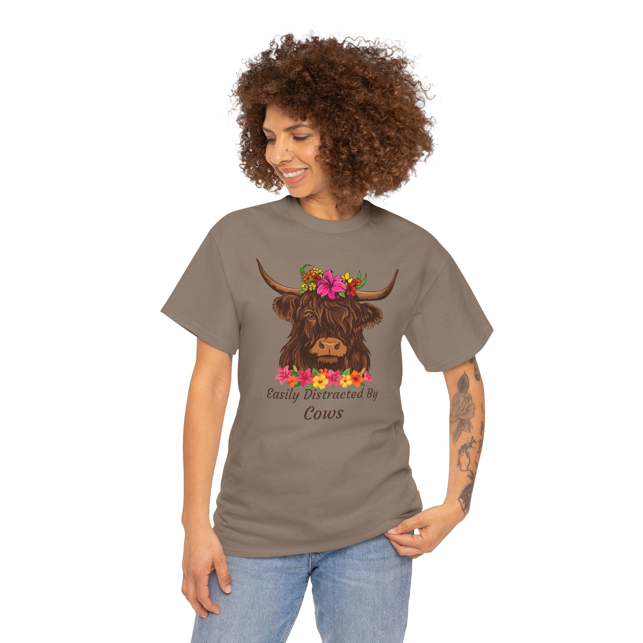 Highland Cow Floral Tee — "Easily Distracted by Cows" Cute Cow Graphic T-Shirt