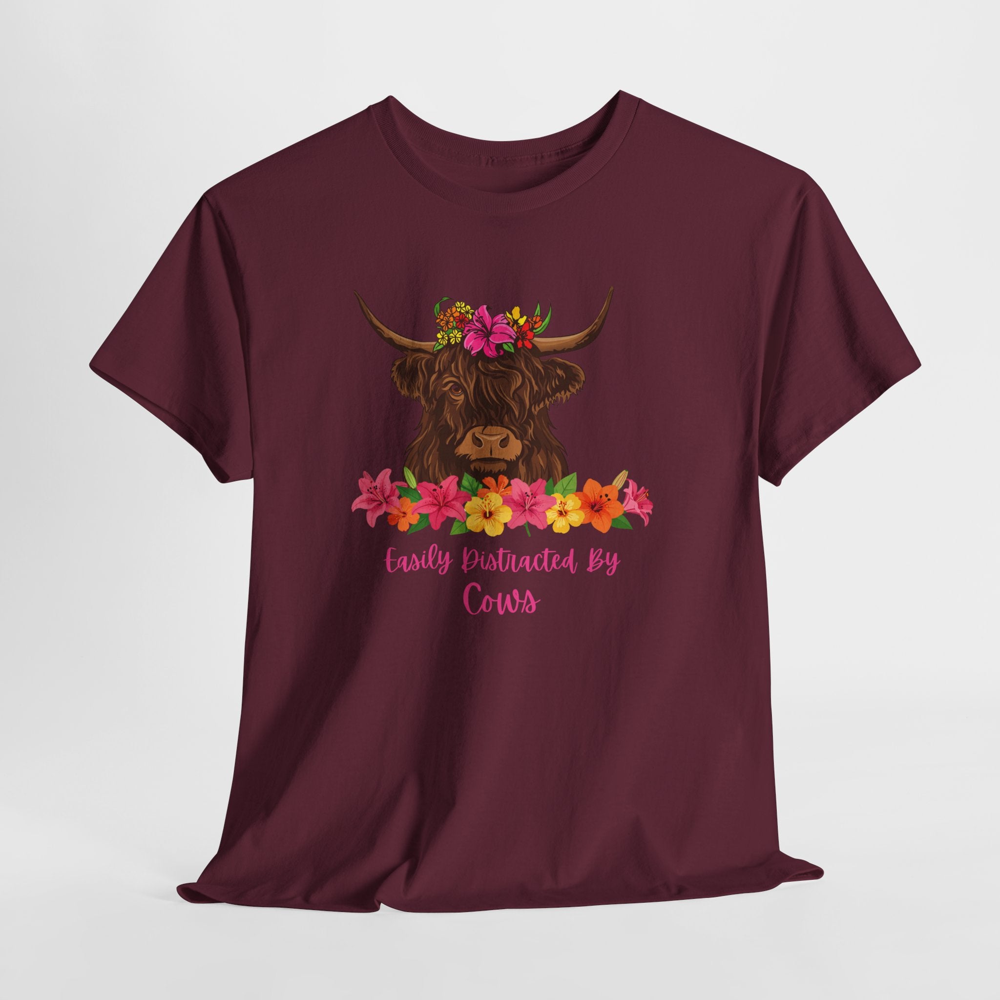 Cow Mom Floral Tee — 'Easily Distracted By Cows' Highland Cow Graphic Shirt
