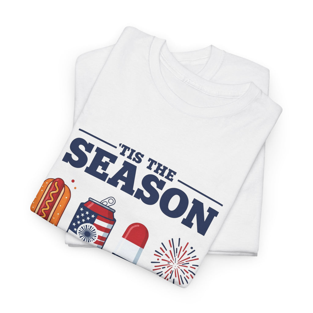 Fourth of July Tee — "'Tis the Season" Patriotic Hot Dog, Popsicle & Fireworks T-Shirt