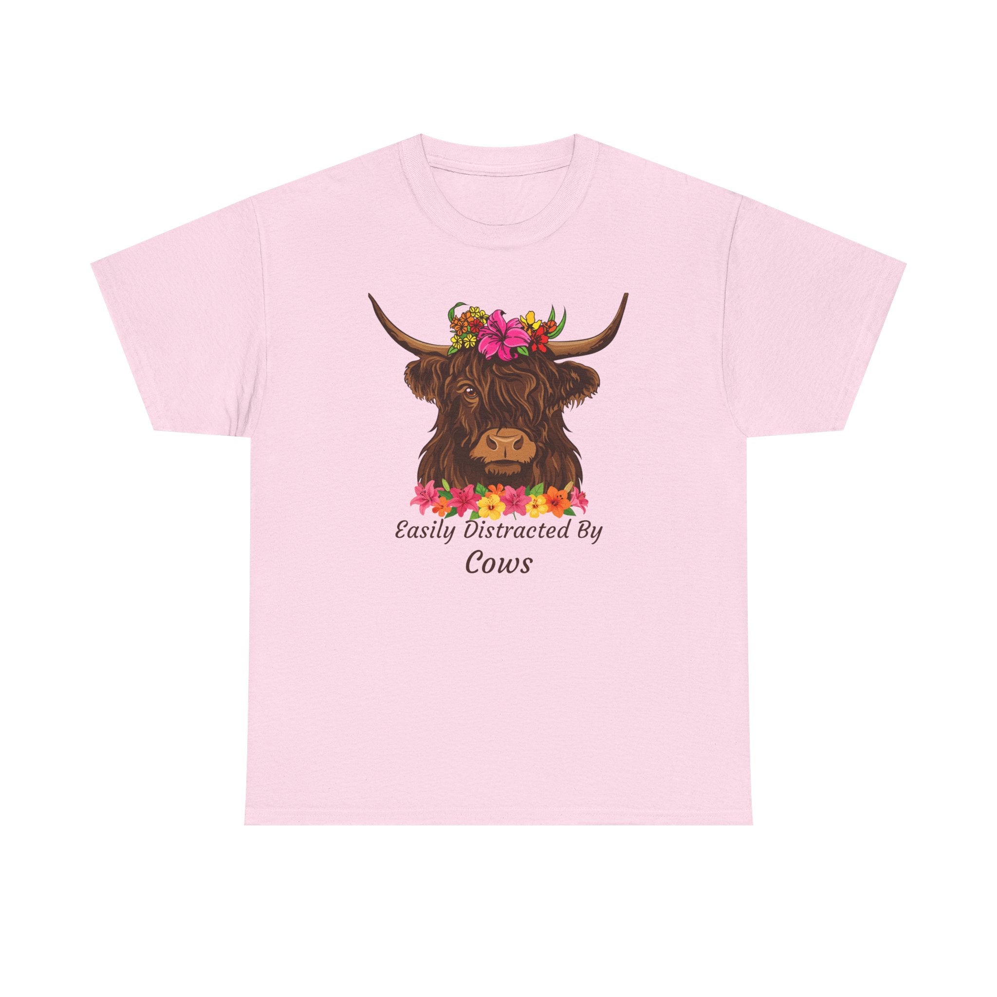 Highland Cow Floral Tee — "Easily Distracted by Cows" Cute Cow Graphic T-Shirt