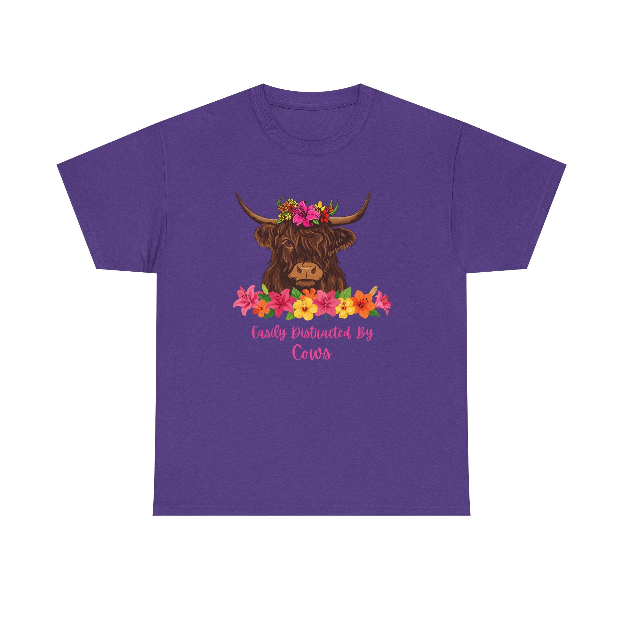 Cow Mom Floral Tee — 'Easily Distracted By Cows' Highland Cow Graphic Shirt