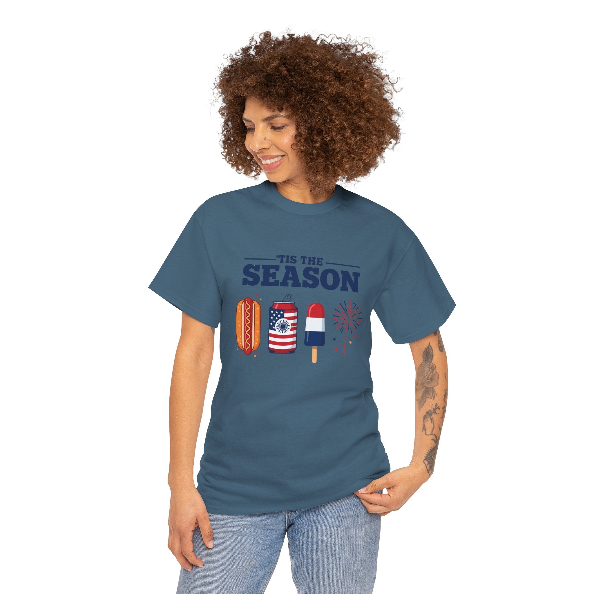 Fourth of July Tee — "'Tis the Season" Patriotic Hot Dog, Popsicle & Fireworks T-Shirt