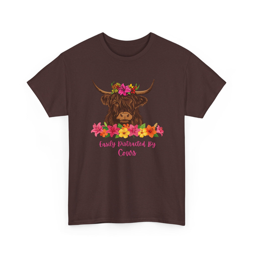 Cow Mom Floral Tee — 'Easily Distracted By Cows' Highland Cow Graphic Shirt