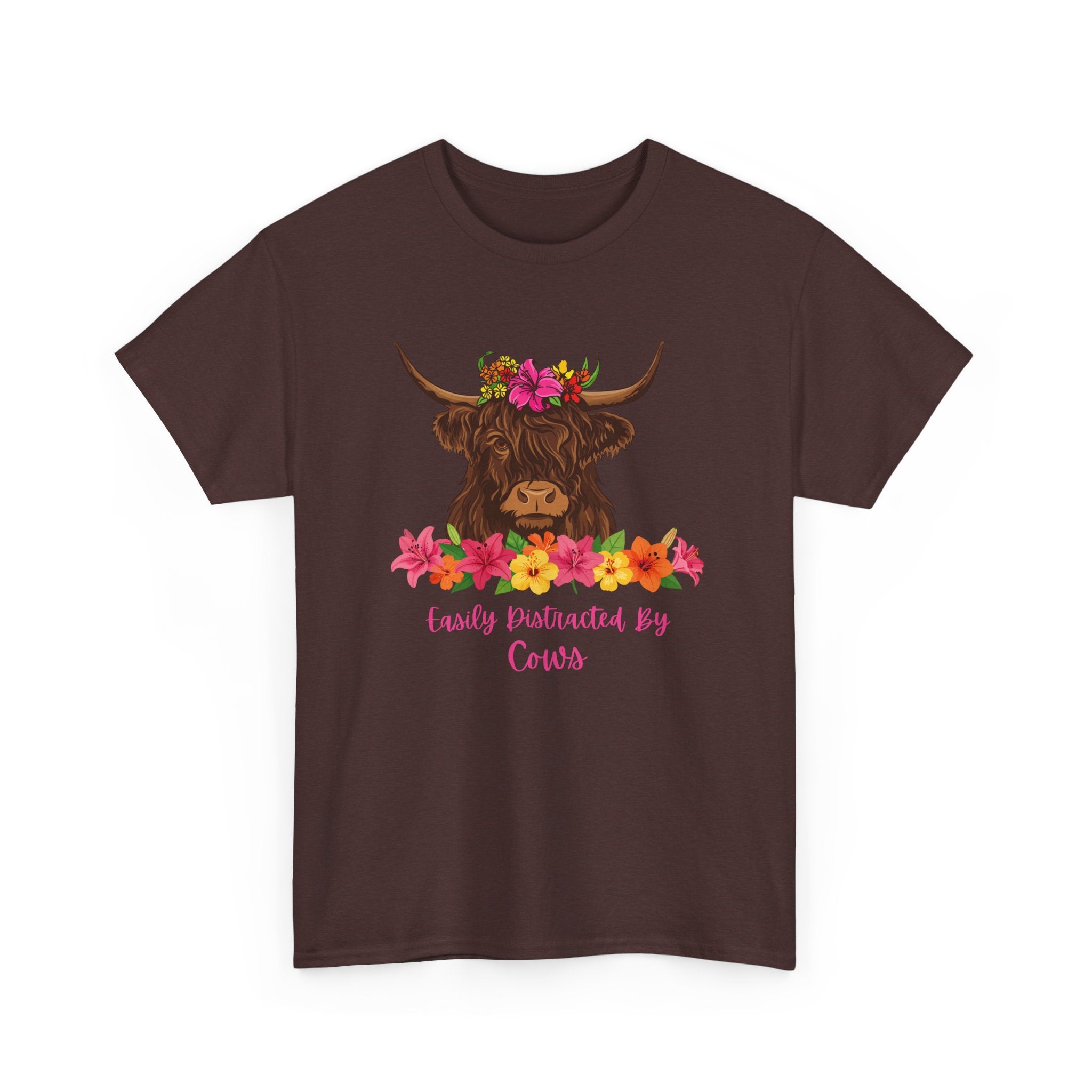 Cow Mom Floral Tee — 'Easily Distracted By Cows' Highland Cow Graphic Shirt