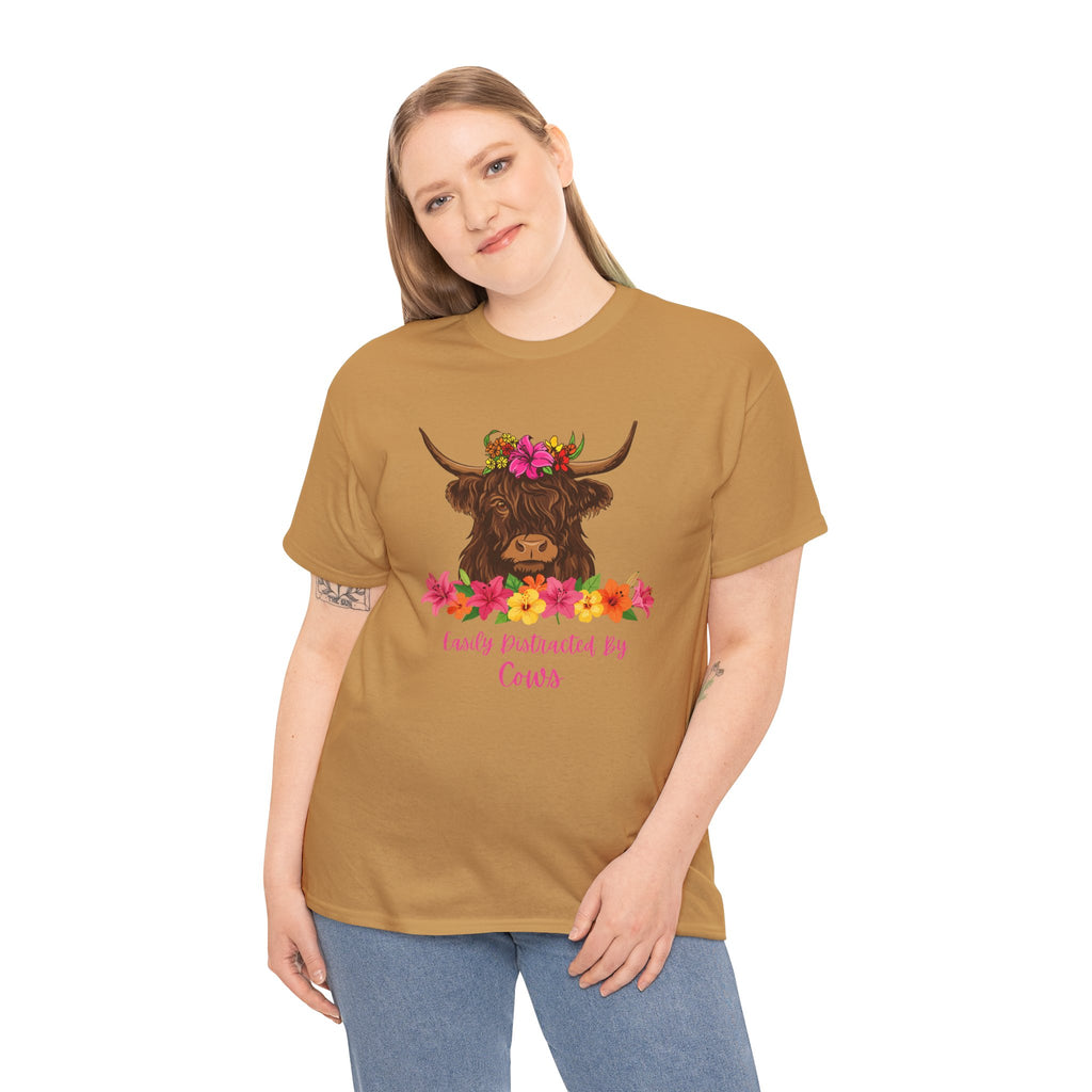 Cow Mom Floral Tee — 'Easily Distracted By Cows' Highland Cow Graphic Shirt