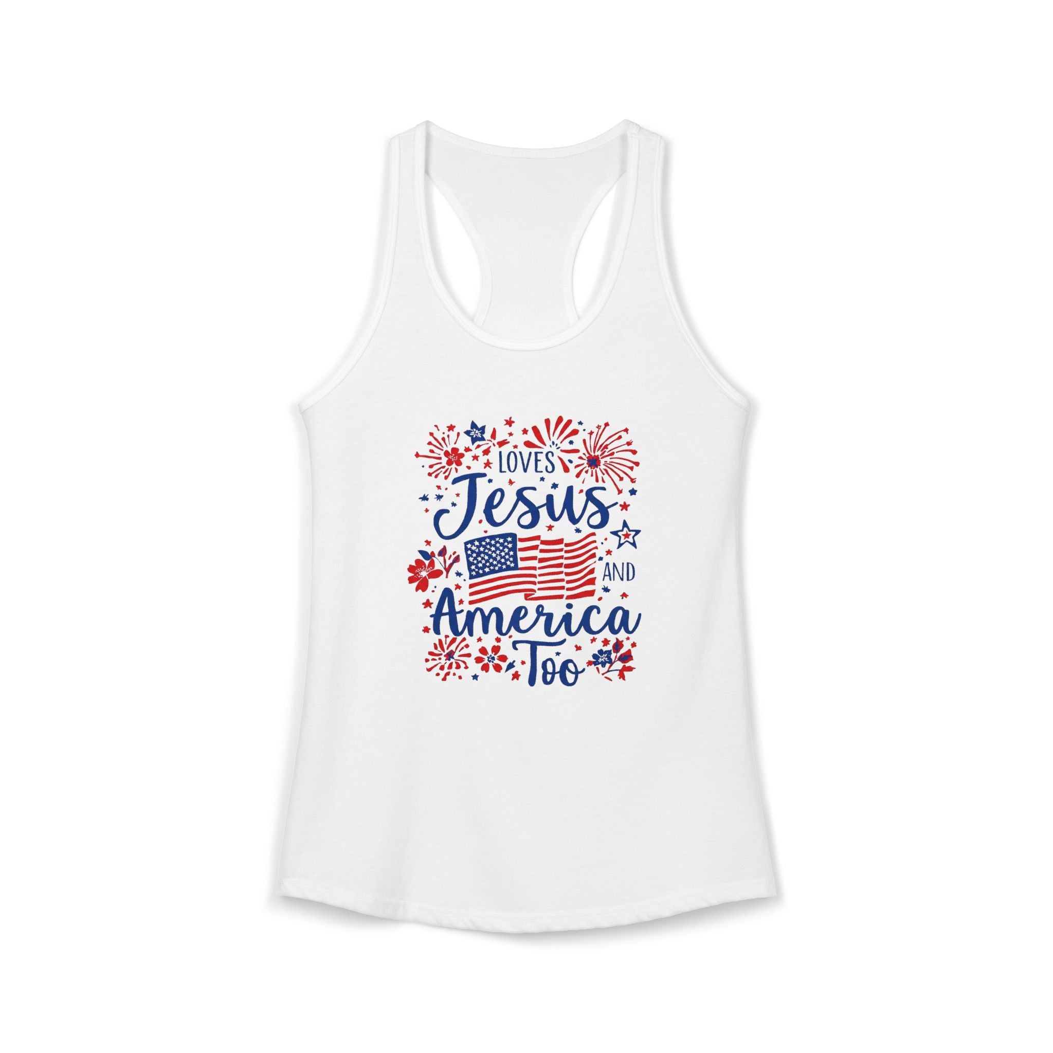 Loves Jesus and America Too Racerback Tank — Patriotic Christian Women's Tank