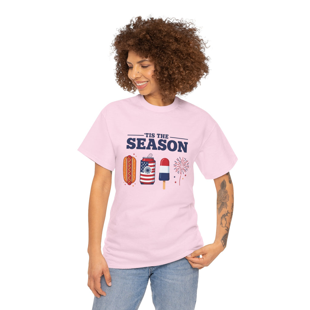 Fourth of July Tee — "'Tis the Season" Patriotic Hot Dog, Popsicle & Fireworks T-Shirt