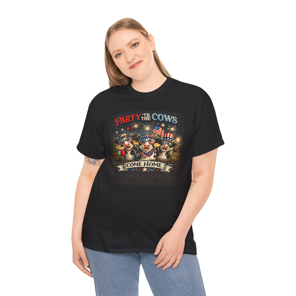 Independence Day 'Party 'Til the Cows Come Home' T-Shirt — Fireworks & Cow Graphic