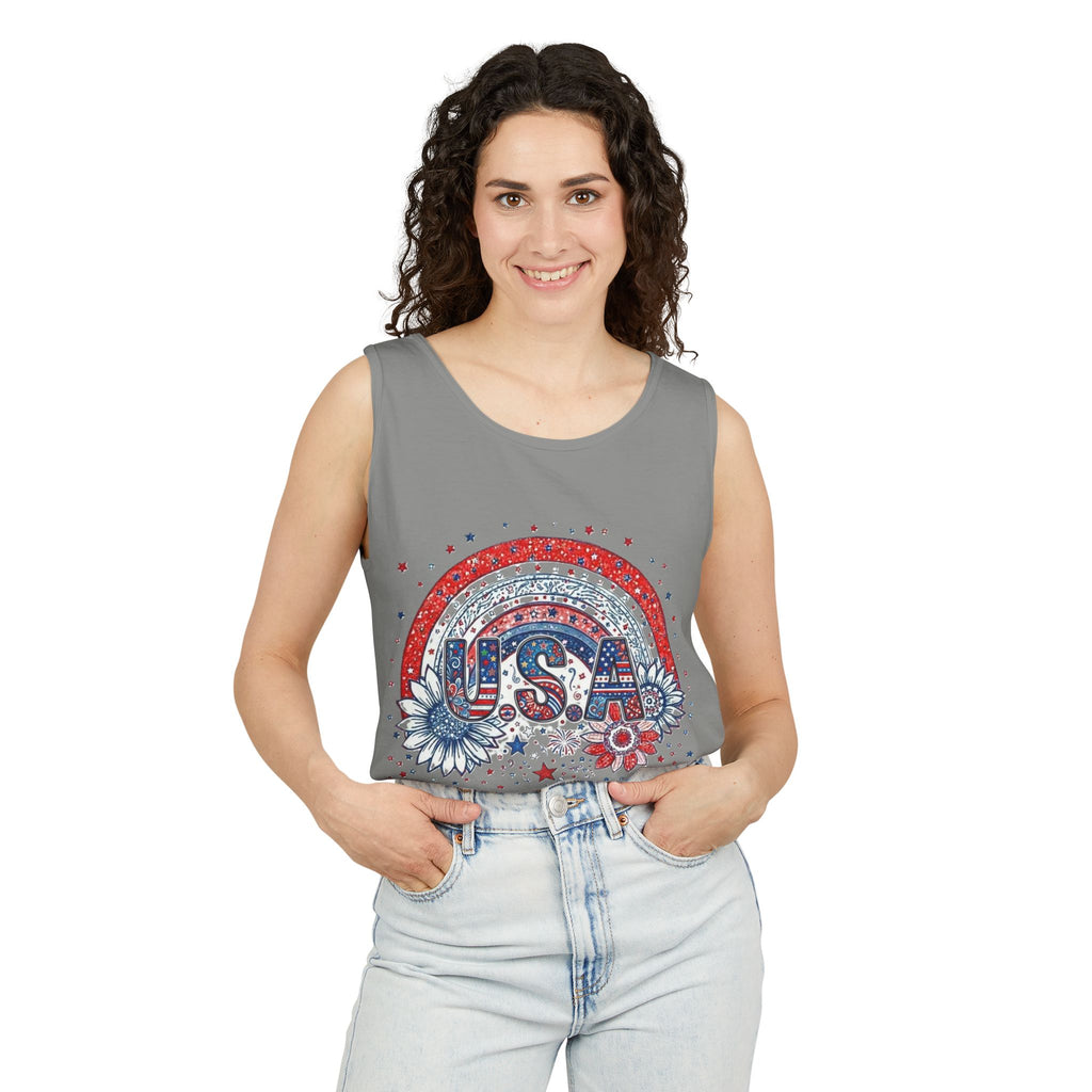 USA Rainbow Floral Tank Top — Patriotic 4th of July Sleeveless Tee