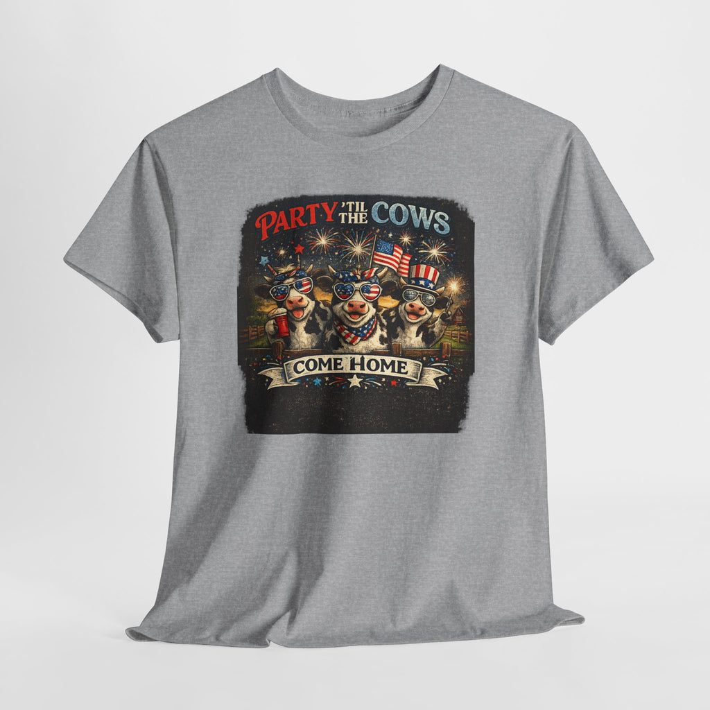 Independence Day 'Party 'Til the Cows Come Home' T-Shirt — Fireworks & Cow Graphic
