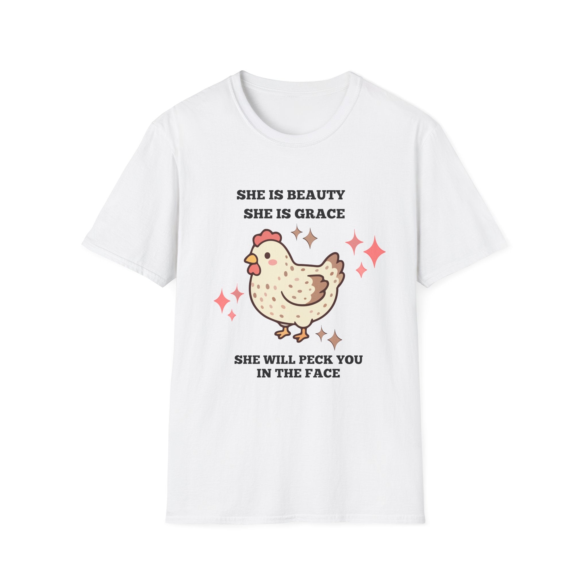 Chicken Tee — "She Is Beauty, She Is Grace, She Will Pech You in the Face" Funny Farm Animal T-Shirt
