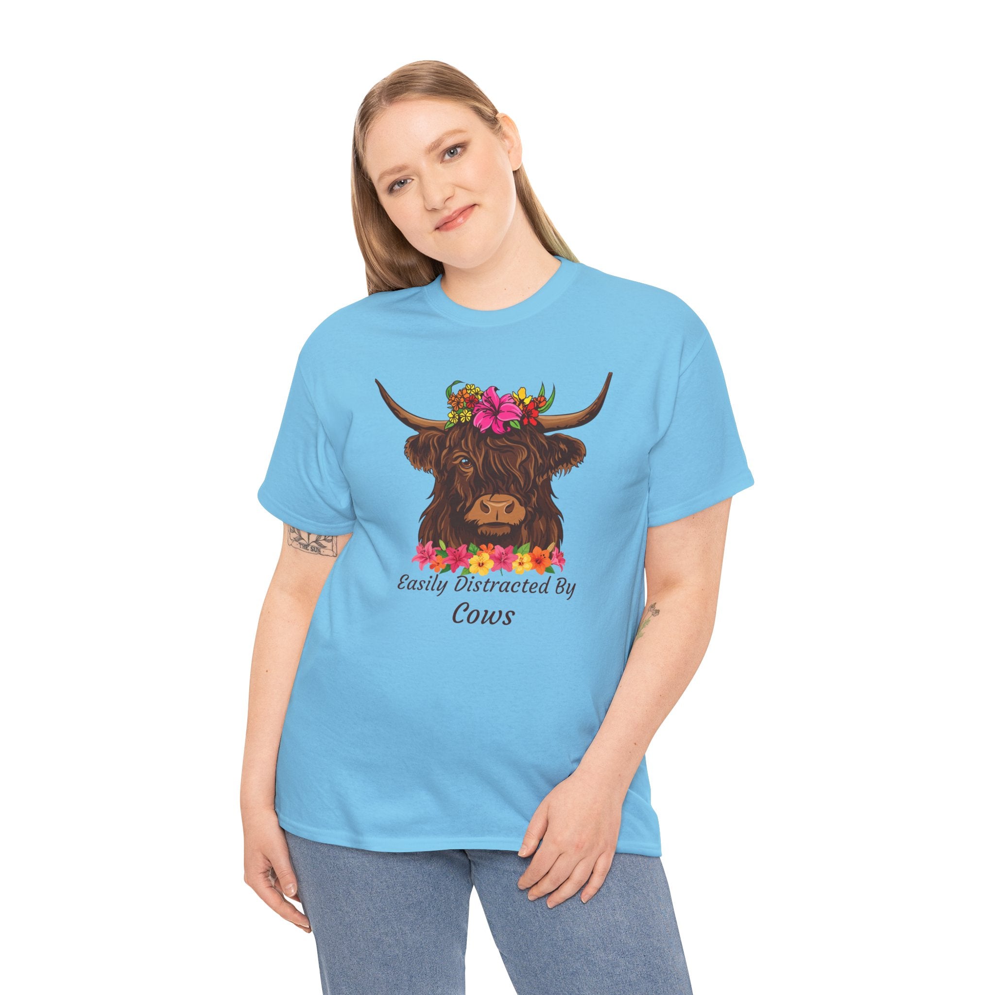 Highland Cow Floral Tee — "Easily Distracted by Cows" Cute Cow Graphic T-Shirt