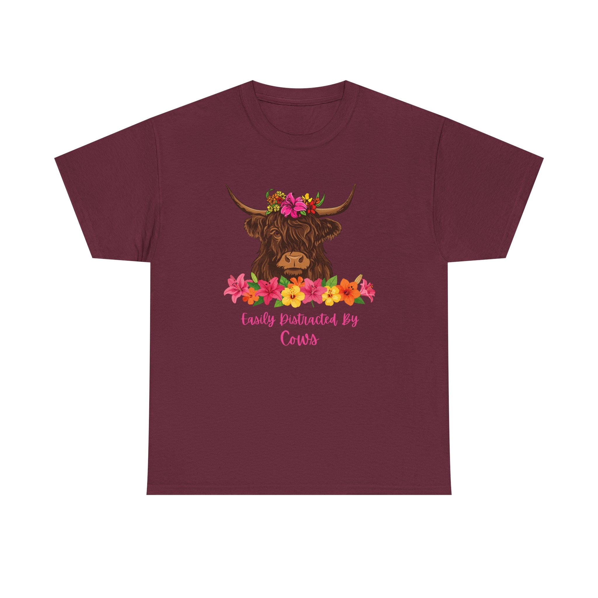 Cow Mom Floral Tee — 'Easily Distracted By Cows' Highland Cow Graphic Shirt
