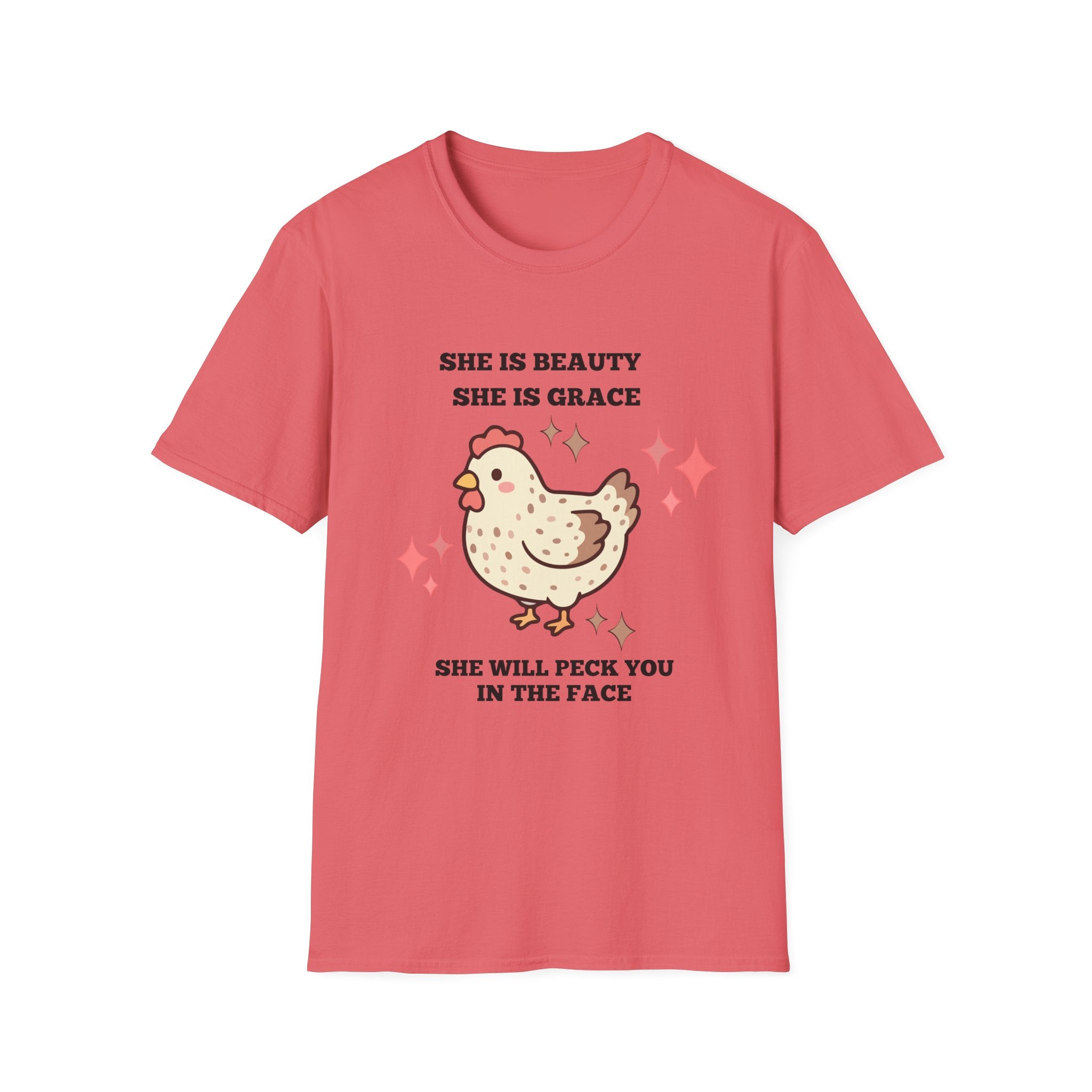 Chicken Tee — "She Is Beauty, She Is Grace, She Will Pech You in the Face" Funny Farm Animal T-Shirt