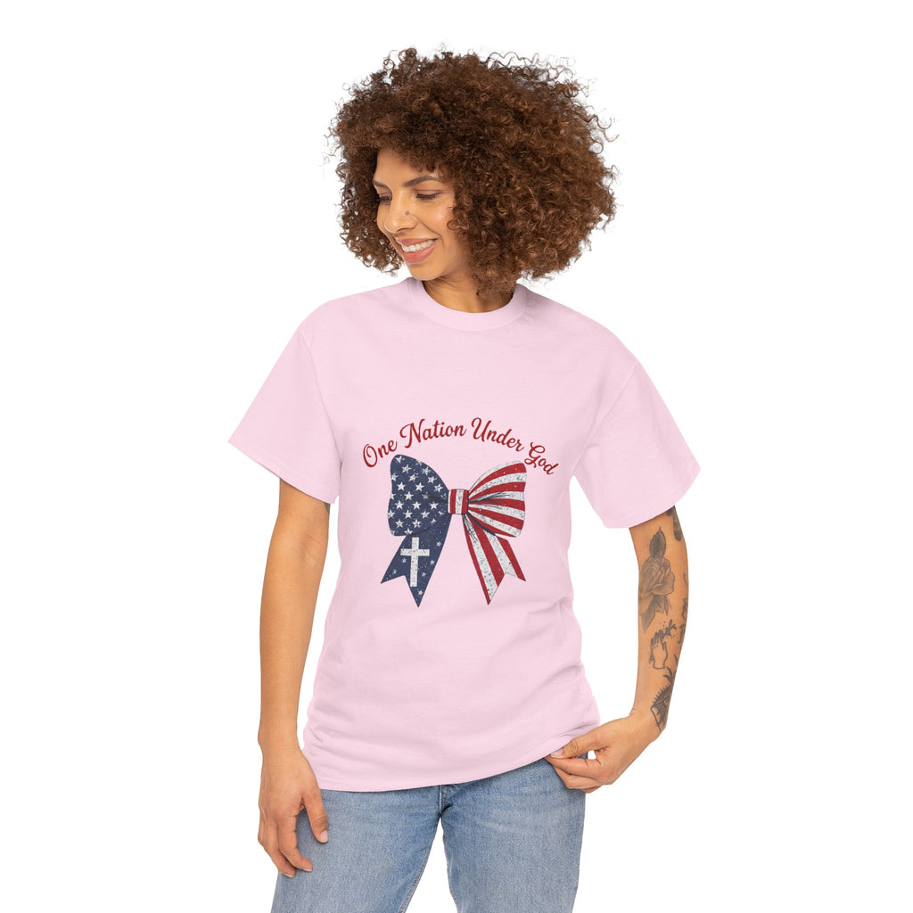 Patriotic Bow Tee — "One Nation Under God" American Flag Cross T-Shirt
