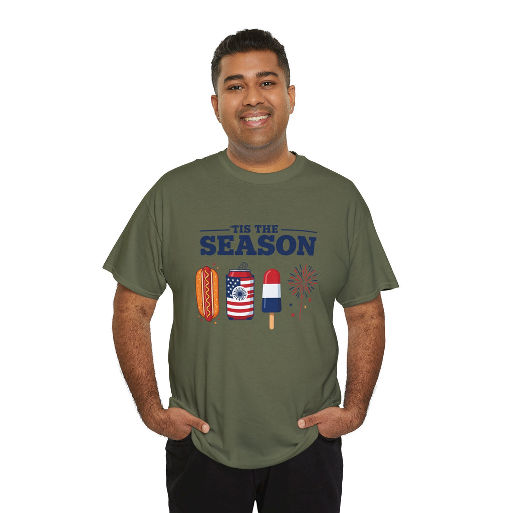Fourth of July Tee — "'Tis the Season" Patriotic Hot Dog, Popsicle & Fireworks T-Shirt