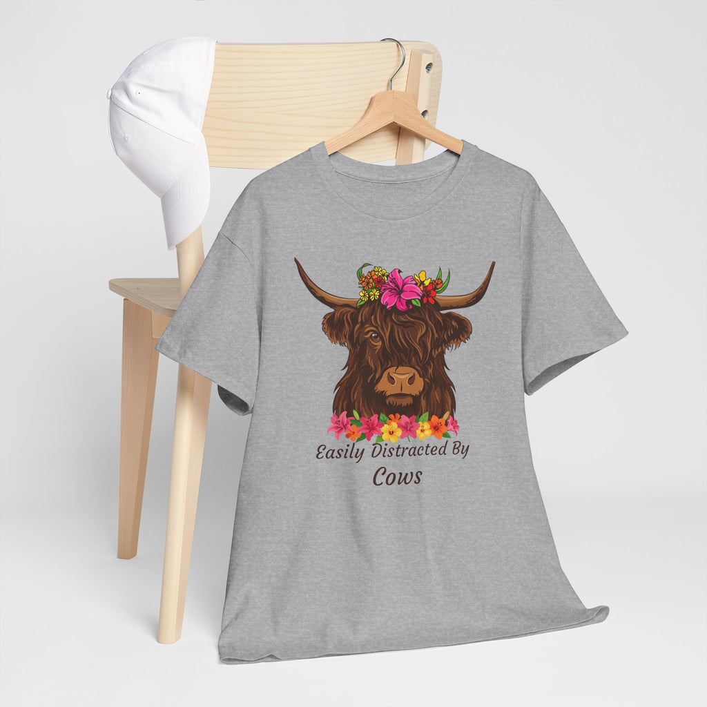 Highland Cow Floral Tee — "Easily Distracted by Cows" Cute Cow Graphic T-Shirt