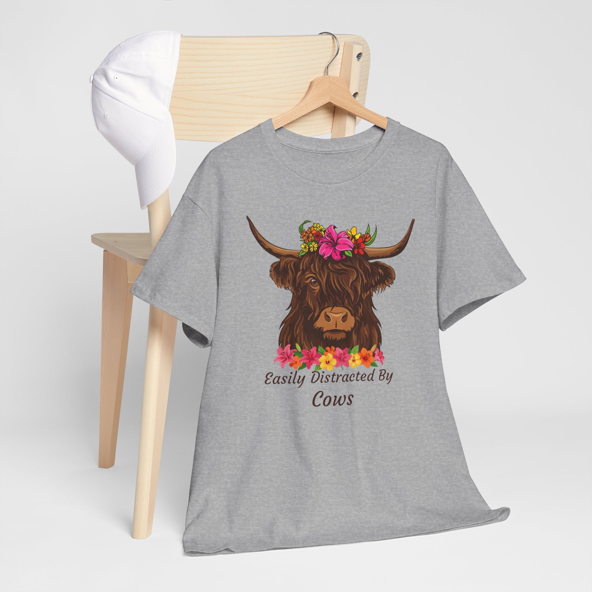 Highland Cow Floral Tee — "Easily Distracted by Cows" Cute Cow Graphic T-Shirt