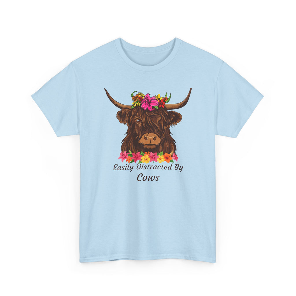 Highland Cow Floral Tee — "Easily Distracted by Cows" Cute Cow Graphic T-Shirt
