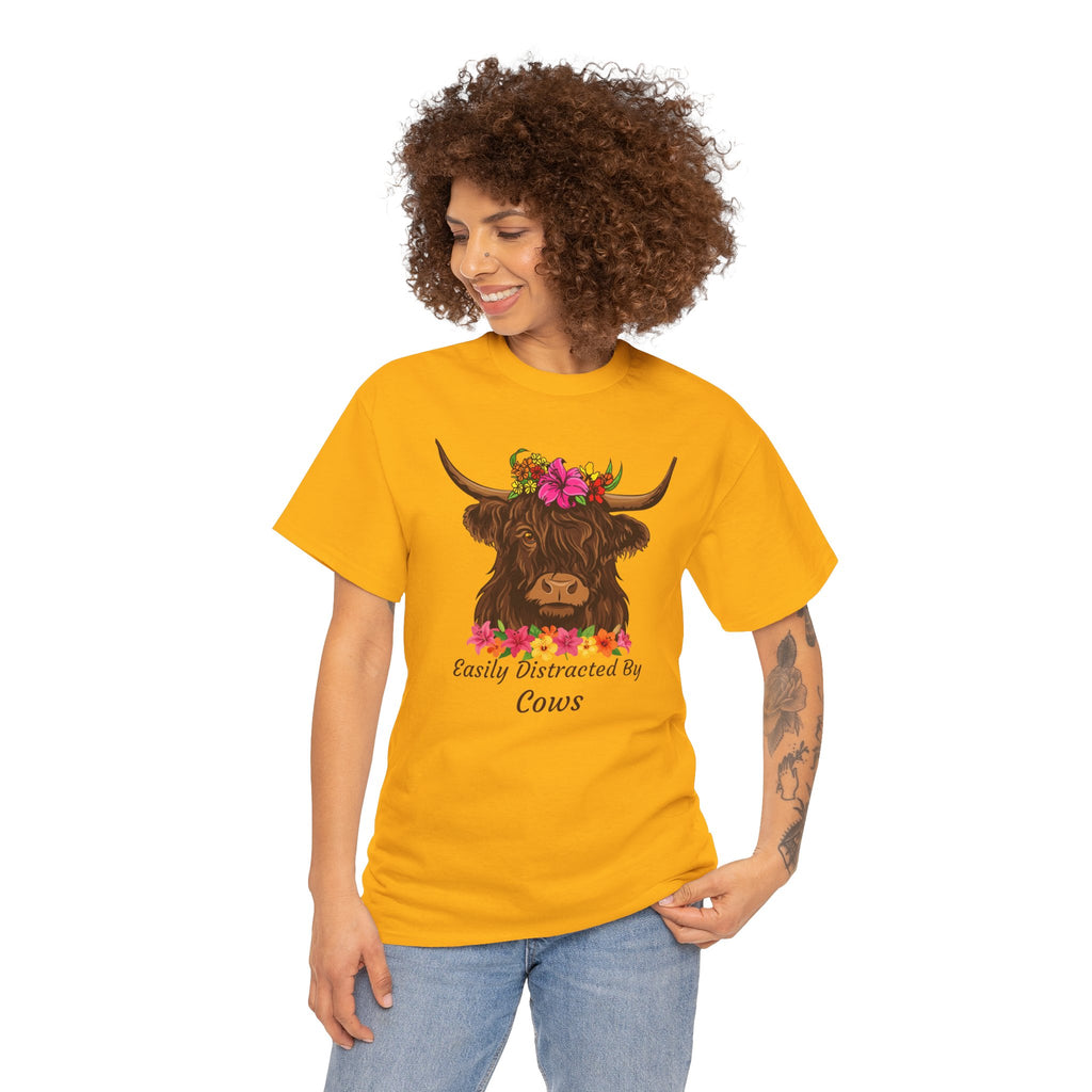 Highland Cow Floral Tee — "Easily Distracted by Cows" Cute Cow Graphic T-Shirt