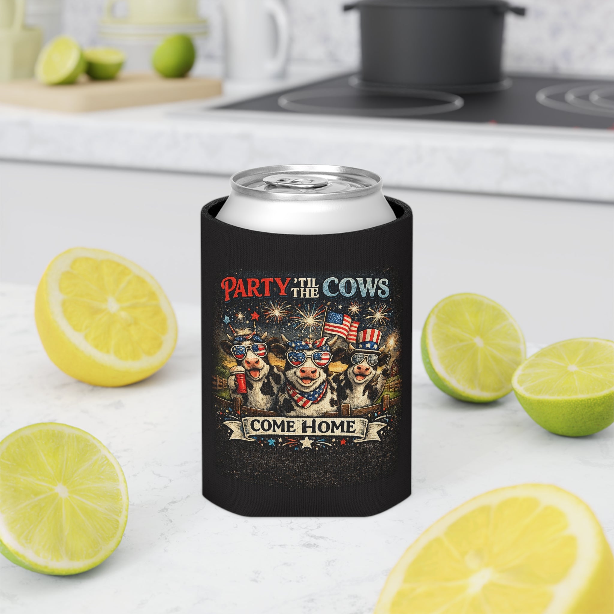 Can Cooler - "Party 'Til The Cows Come Home" Patriotic 4th of July Cooler Sleeve