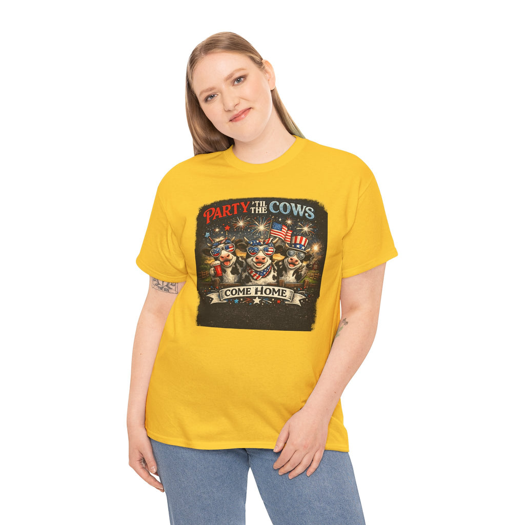 Independence Day 'Party 'Til the Cows Come Home' T-Shirt — Fireworks & Cow Graphic